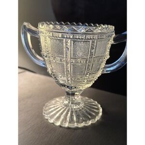 Vintage Clear Pressed Glass Footed Sugar Dish Scalloped Rim Double Handled EAPG